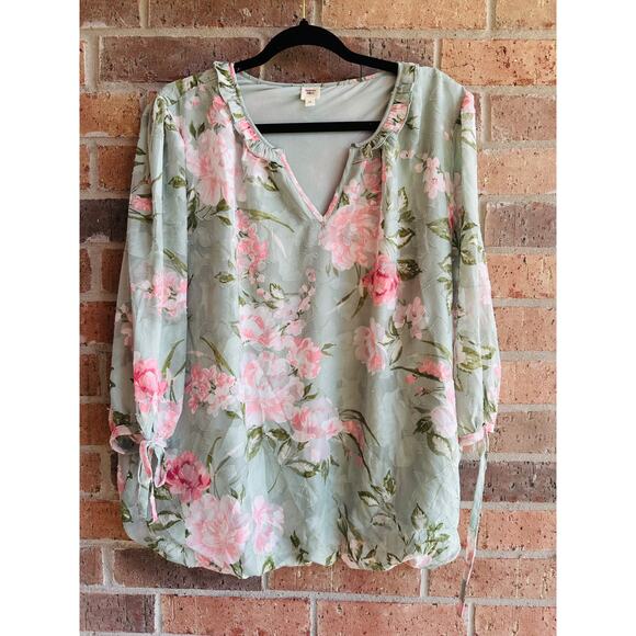 Autres Filles Womens Multicolor Floral 3/4 Sleeve Spilt V-Neck Blouse Tops Sz 1X - Picture 1 of 4